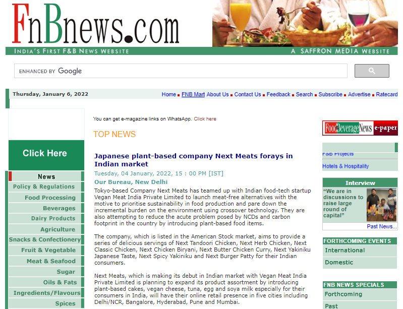 NextMeats India in Media News